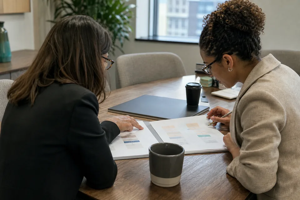 Two HR professionals comparing two printed vendor quotes side by side on a meeting table