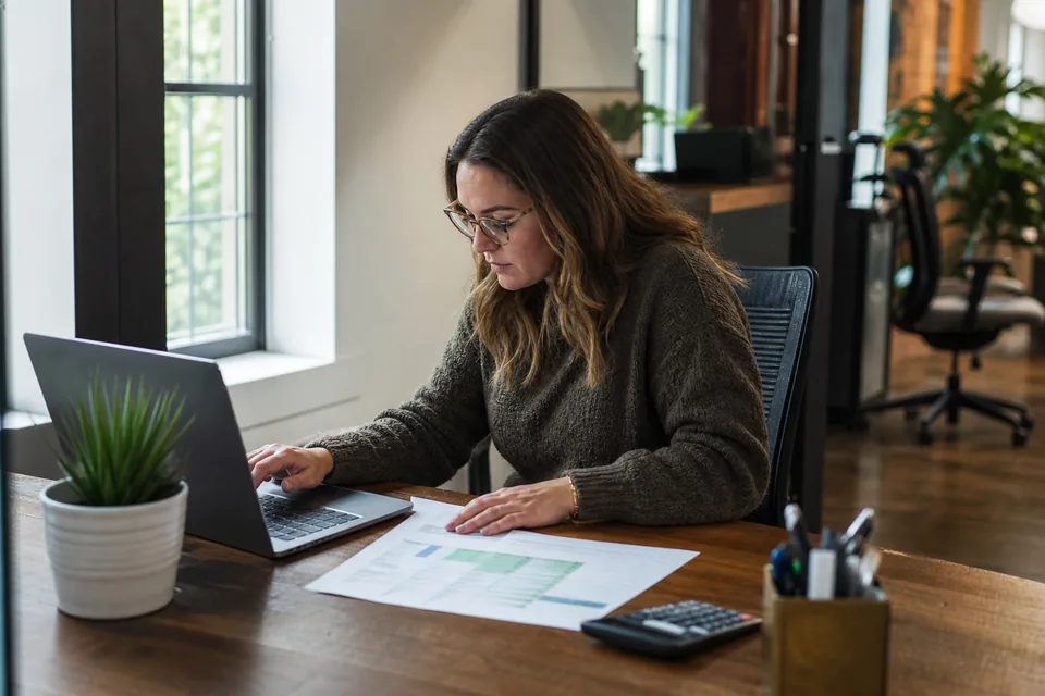 HR manager reviewing an annual software budget on a laptop with a printed spreadsheet